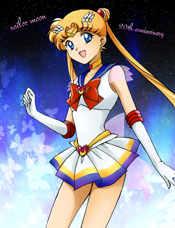 :d anniversary back_bow bishoujo_senshi_sailor_moon blonde_hair blue_background blue_eyes blue_sailor_collar bow brooch bug butterfly character_name choker copyright_name double_bun elbow_gloves gloves hamutarou heart heart_choker insect jewelry long_hair magical_girl multicolored multicolored_clothes multicolored_skirt open_mouth red_bow sailor_collar sailor_moon sailor_senshi_uniform skirt smile solo super_sailor_moon tiara tsukino_usagi twintails white_gloves