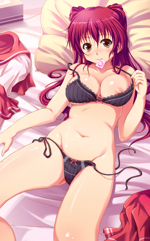 bra breasts brown_eyes condom condom_in_mouth groin kousaka_tamaki large_breasts long_hair lying mouth_hold navel nipples on_back panties red_hair shian_(my_lonly_life.) side-tie_panties smile solo to_heart_2 underwear underwear_only untied