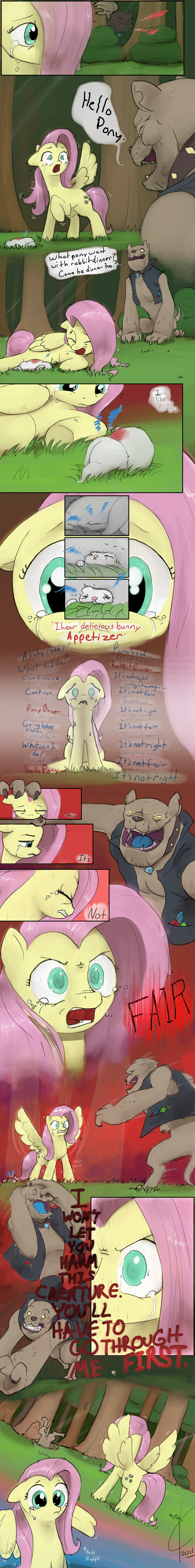 2011 ? blood blue_eyes brown_fur canine comic cutie_mark diamond_dog_(mlp) dog english_text equine eyes_closed female feral fluttershy_(mlp) forest friendship_is_magic grass hair hole horse jewelry lagomorph long_hair male my_little_pony notes pegasus pink_hair pony rabbit scary tears text the_stare tree wings wounded yellow_fur