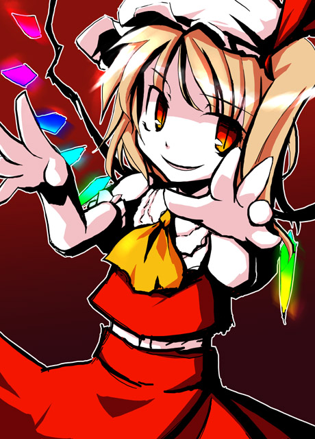 ascot blonde_hair cowboy_shot crystal demon_wings dress evil_smile flandre_scarlet hat looking_at_viewer mob_cap neki-t outstretched_arms parted_lips puffy_short_sleeves puffy_sleeves red_dress red_eyes shaded_face short_sleeves smile solo touhou wings wrist_cuffs