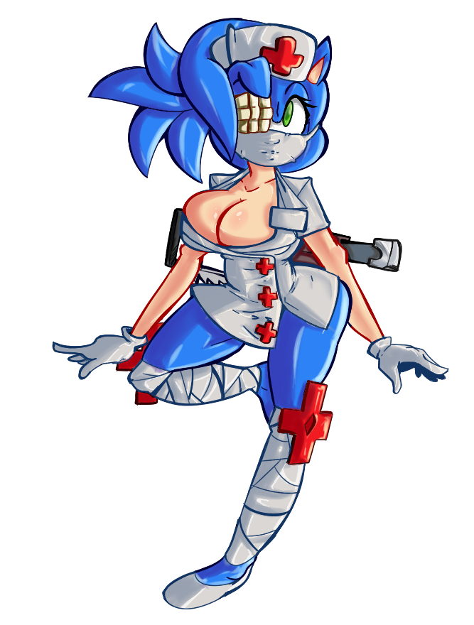 big_breasts blue_hair breasts cleavage clothed clothing cosplay crossgender cuisine eye_patch eyewear female green_eyes hair hedgehog holidays mammal nurse sega skullgirls sonic_(series) sonic_the_hedgehog valentine_(character)