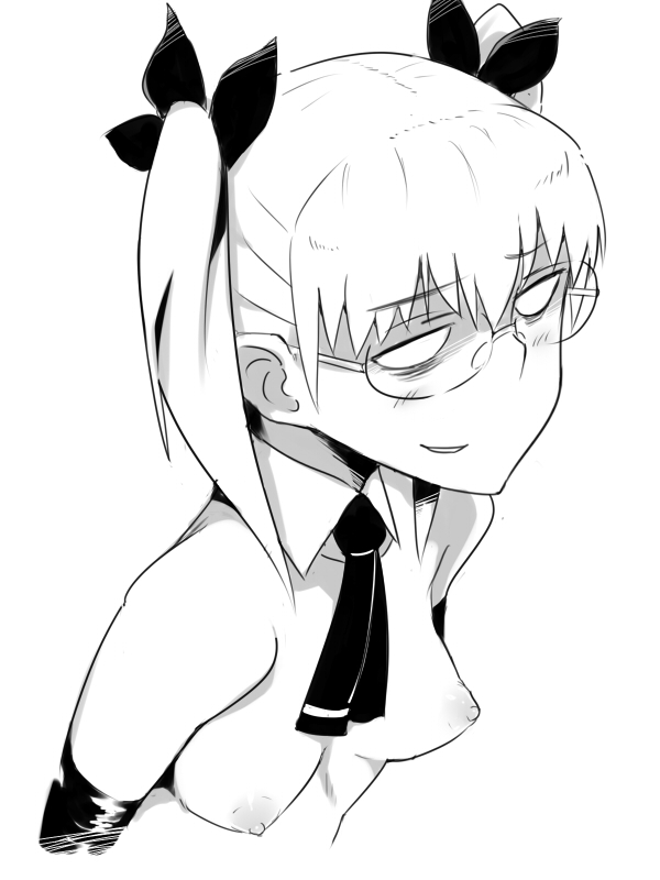blush breasts elbow_gloves em empty_eyes glasses gloves greyscale hair_ribbon monochrome nipples ribbon small_breasts solo twintails upper_body utsugi_kanna witch_craft_works