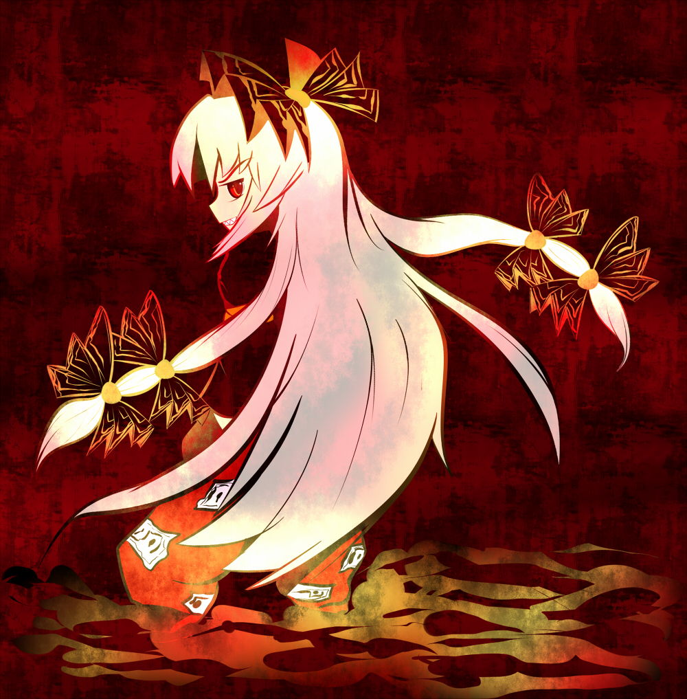 angry bow fujiwara_no_mokou hair_bow hair_ribbon hands_in_pockets long_hair looking_back pants red red_eyes ribbon silver_hair solo ta_(castlepoint) teeth touhou very_long_hair