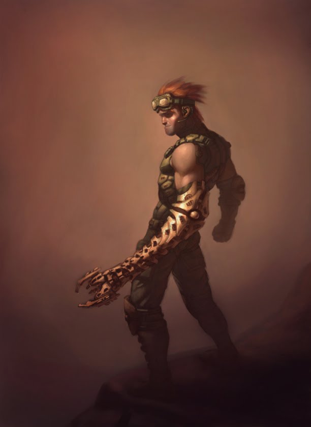 bionic_commando cyborg goggles goggles_on_head male_focus mechanical_arm muscle nathan_spencer orange_hair scott_stoddard solo