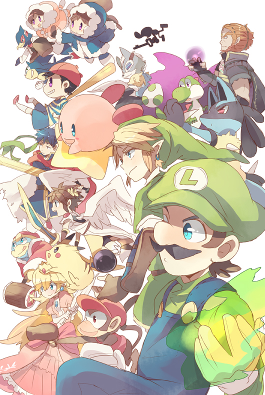 6+boys armor baseball_bat blonde_hair blue_eyes blue_hair blue_overalls bracer brown_hair cape crown diddy_kong donkey_kong_(series) earrings facial_hair falco_lombardi fire_emblem fire_emblem:_souen_no_kiseki ganondorf gen_1_pokemon gen_4_pokemon gerudo gloves green_hat green_shirt hammer hat headband hood ice_climber ice_climbers ike jewelry kid_icarus king_dedede kirby kirby_(series) link long_hair lucario luigi mario_(series) mother_(game) mother_2 mr._game_&amp;_watch multiple_boys multiple_girls mustache nana_(ice_climber) ness overalls pikachu pit_(kid_icarus) pointy_ears pokemon pokemon_(creature) popo_(ice_climber) princess_peach red_eyes red_hair satori shirt smile sonic sonic_the_hedgehog star_fox super_mario_bros. super_smash_bros. sword the_legend_of_zelda the_legend_of_zelda:_twilight_princess weapon wings wolf_o'donnell yoshi