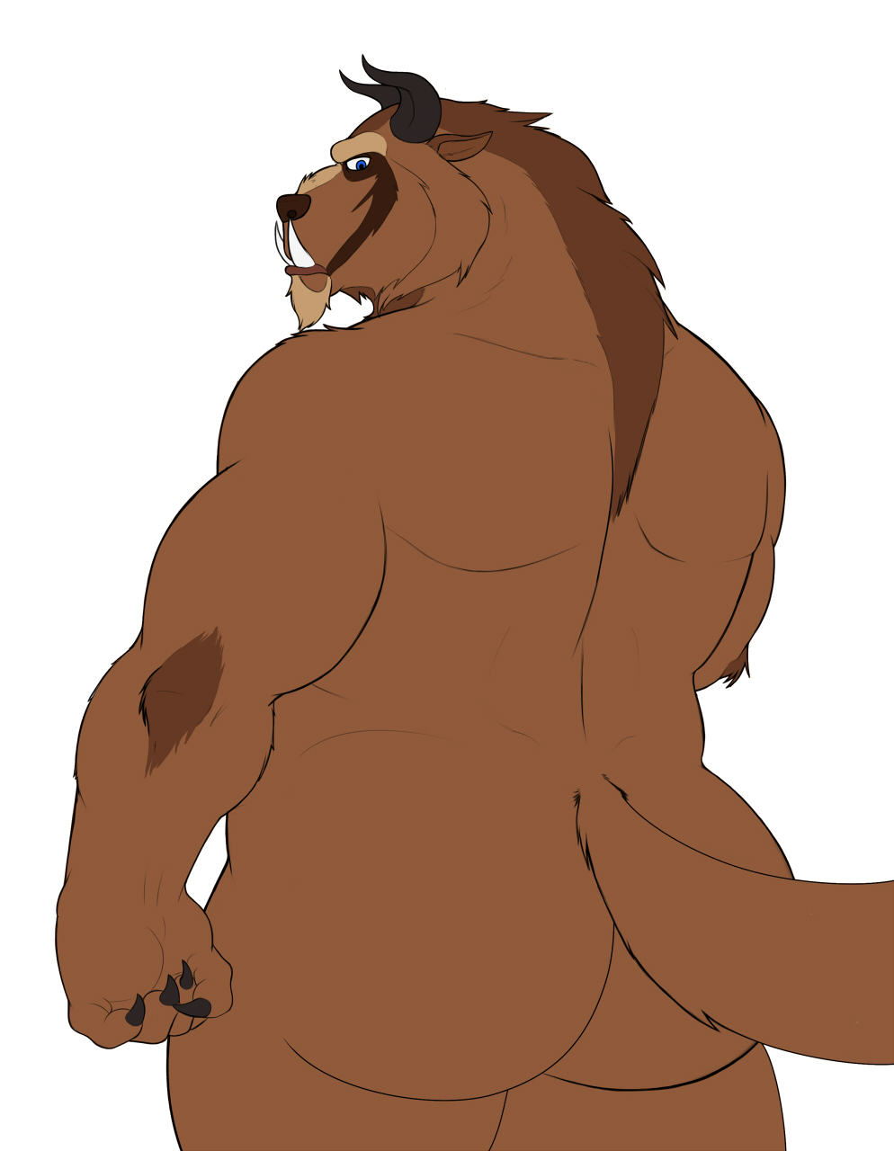 beast beast_(disney) beauty_and_the_beast biceps big_butt big_muscles blue_eyes butt chubby claws disney fur horn invalid_tag looking_at_viewer looking_back male muscles nude plain_background solo thick_thighs vamplust