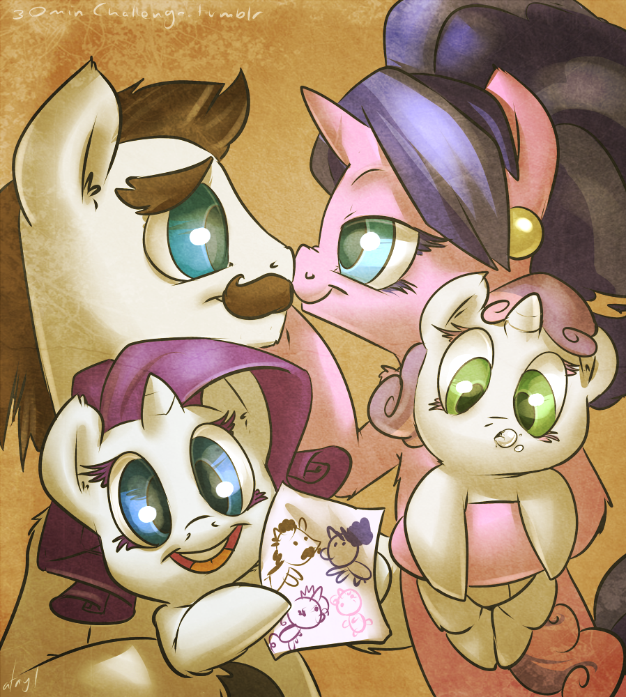 atryl blue_eyes brown_hair couple cub drawing drooling equine facial_hair family female feral friendship_is_magic green_eyes hair horn horse kissing magnum_(mlp) mammal mustache my_little_pony pearl_(mlp) pony purple_hair rarity_(mlp) saliva sweetie_belle_(mlp) two_tone_hair unicorn young