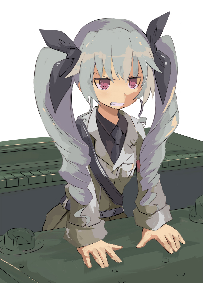 anchovy angry anzio_military_uniform arm_support bad_id bad_pixiv_id belt black_shirt brown_eyes carro_armato_p40 clenched_teeth dress_shirt drill_hair girls_und_panzer grey_jacket ground_vehicle hair_ribbon jacket leaning_forward long_hair long_sleeves military military_uniform military_vehicle motor_vehicle necktie pants ribbon riva0412 shirt shoulder_belt silver_hair solo standing tank teeth twin_drills twintails uniform
