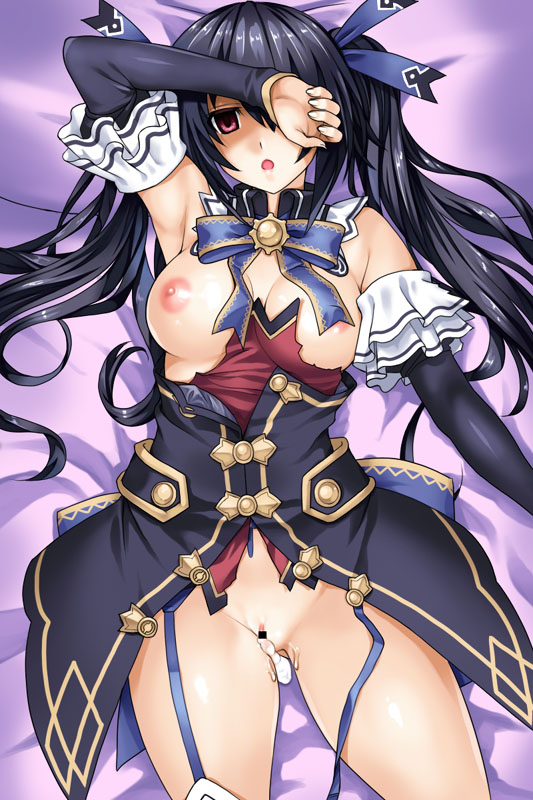 after_sex bad_id bad_pixiv_id black_hair breasts cleavage cum cum_in_pussy cumdrip empty_eyes garter_straps kamia_(not_found) large_breasts long_hair looking_at_viewer lying neptune_(series) nipples noire red_eyes solo thighhighs torn_clothes twintails very_long_hair