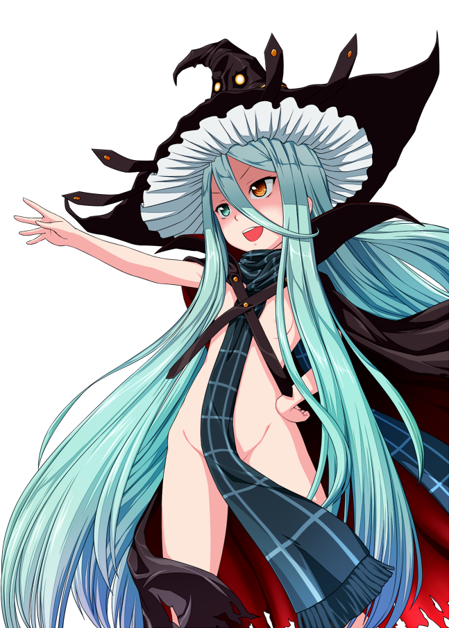 aqua_hair bad_id bad_pixiv_id cape flat_chest groin hat heterochromia long_hair mythos_(lemuria) naked_scarf rinkou_no_lemuria scarf solo tokitaka_(amaterath) very_long_hair