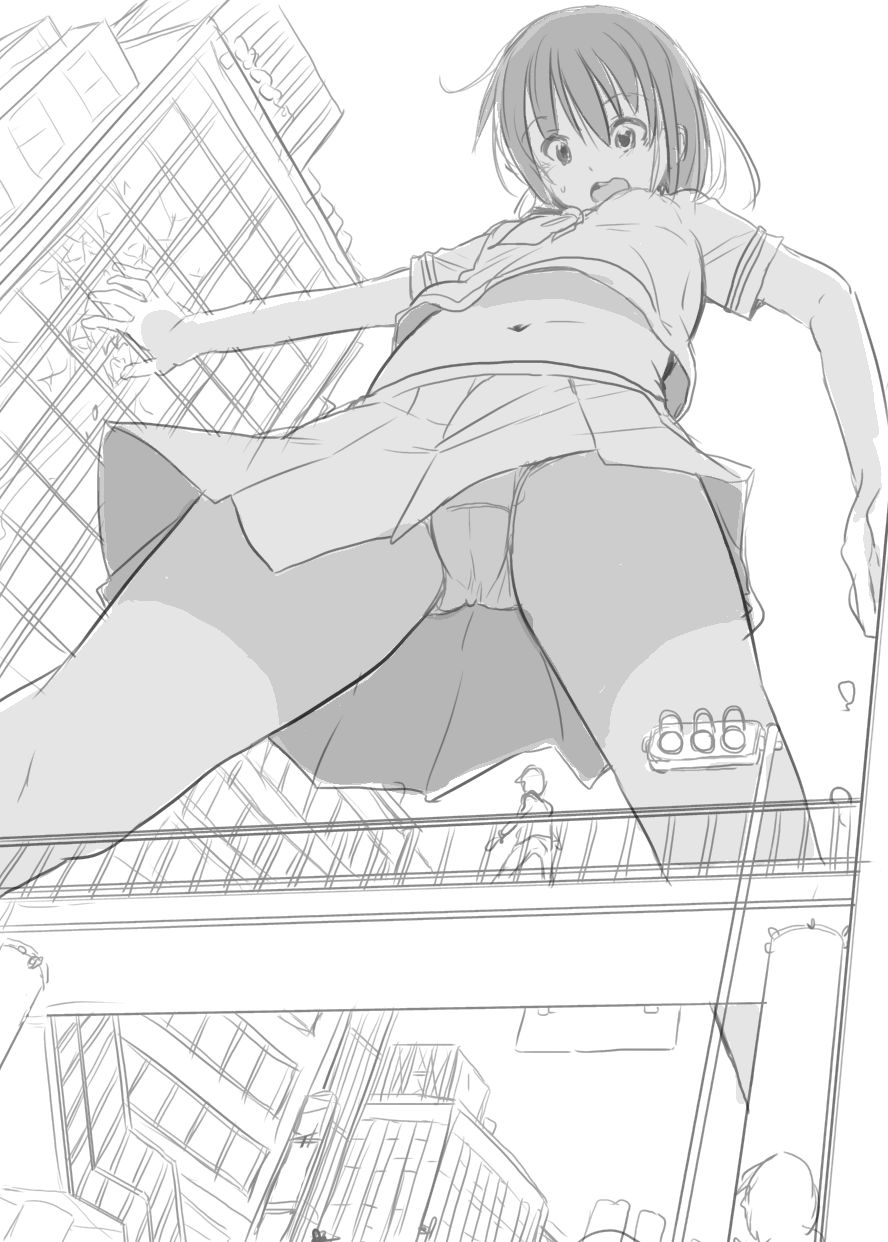 1boy 1girl building cameltoe city from_below fuyuno_mikan giantess looking_down midriff monochrome navel open_mouth original panties skirt underwear upskirt