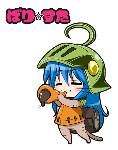 :3 ahoge bad_id bad_pixiv_id chibi chocolate_cornet food helmet izumi_konata lucky_star misooden mole mole_under_eye monster_hunter parody solo