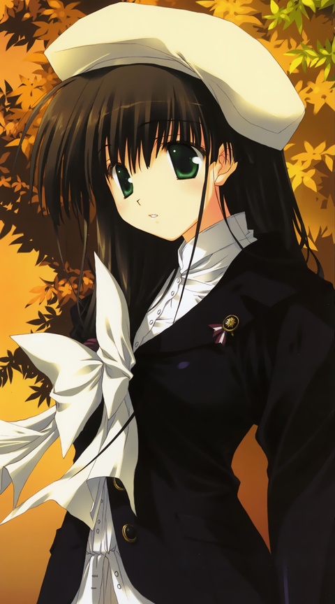 ascot autumn_leaves beret brown_hair comic_party cropped green_eyes hasebe_aya hat long_hair mitsumi_misato non-web_source parted_lips solo uniform