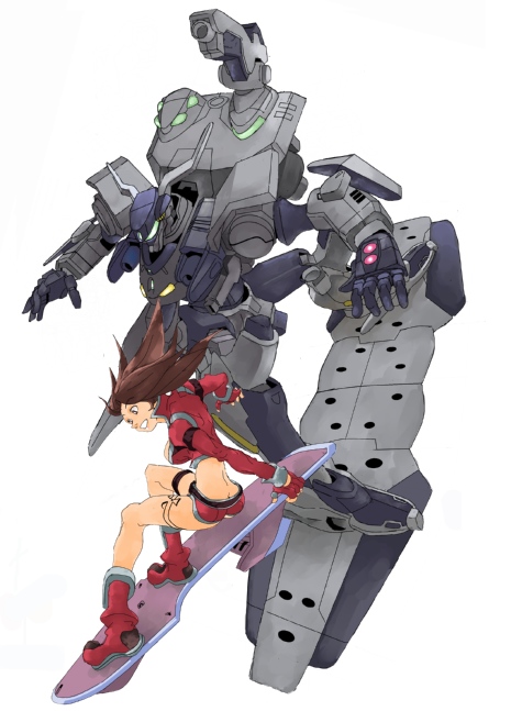 30ml bad_id bad_pixiv_id boots brown_hair eureka_seven eureka_seven_(series) mecha ruri_(eureka_seven) shorts simple_background solo surfing tattoo