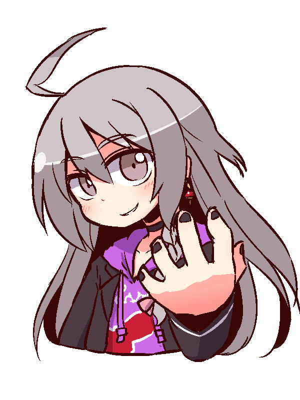 ahoge bangs black_choker black_jacket black_nails blush brown_eyes brown_hair choker collarbone cropped_torso drawstring eyebrows_visible_through_hair fingernails hair_between_eyes head_tilt hood hood_down hoodie hoshi_shouko idolmaster idolmaster_cinderella_girls jacket long_hair long_sleeves looking_at_viewer naga_u nail_polish open_clothes open_jacket parted_lips purple_hoodie simple_background smile solo very_long_hair white_background