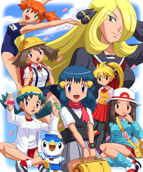 adapted_costume blue_(pokemon) crystal_(pokemon) gen_4_pokemon haruka_(pokemon) hat hikari_(pokemon) kasumi_(pokemon) kindergarten long_hair multiple_girls one-piece_swimsuit pantyhose piplup pokemoa pokemon pokemon_(creature) pokemon_(game) pokemon_dppt pokemon_frlg pokemon_gsc pokemon_rgby pokemon_rse pokemon_special porkpie_hat school_swimsuit school_uniform serafuku shirona_(pokemon) side_ponytail swimsuit yellow_(pokemon)