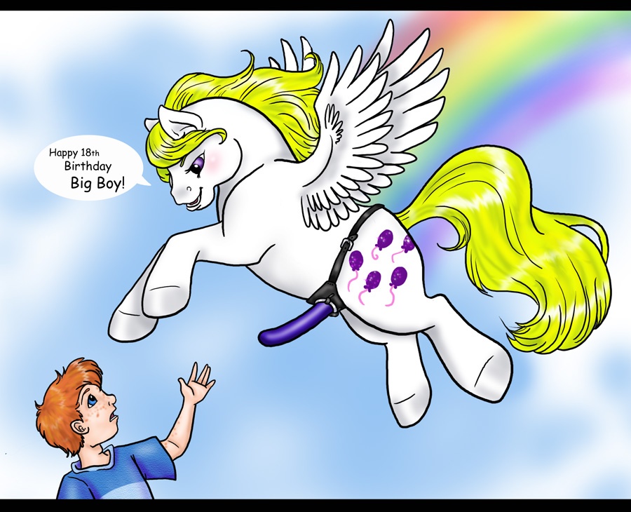balloon blonde_hair blue_eyes blue_shirt blush clothing cutie_mark danny_williams dialog dildo duo equine female flying freckles g1 hair horse human invalid_tag light_skin male mammal my_little_pony my_little_pony_'n_friends pegasus pony purple_eyes rainbow red_hair sex_toy shirt sky strapon surprise_(mlp) text unknown_artist white_body wings young