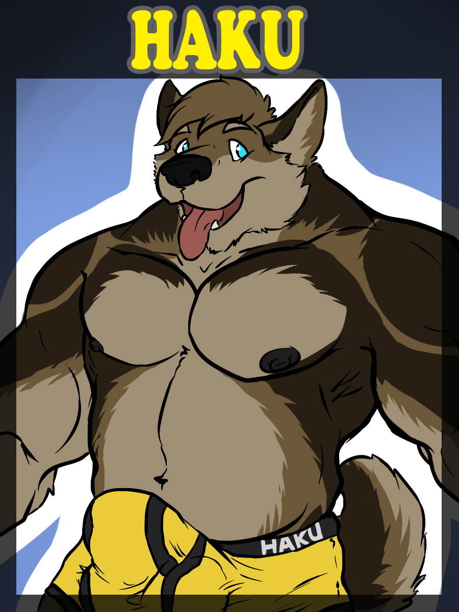 badge biceps big_muscles briefs bulge canine dog fur haku_(maneater) looking_at_viewer malamute male mammal muscles solo tenting tongue tongue_out topless underwear