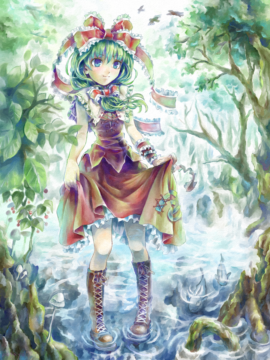 aqua_eyes arm_ribbon bad_id bad_pixiv_id bird boots bow cross-laced_footwear fish frills front_ponytail green_hair hair_bow hair_ornament hair_ribbon highres kagiyama_hina lace-up_boots long_hair nagayo ribbon shirt skirt_hold sleeveless smile solo touhou tree water