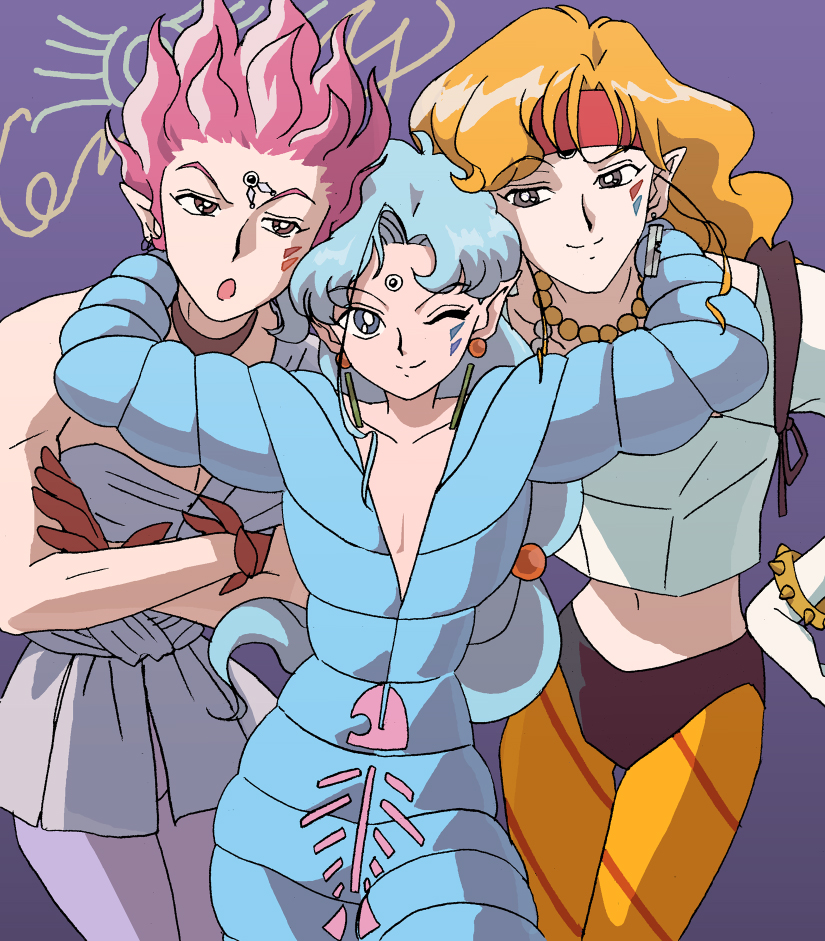 annoyed arm_around_neck bishoujo_senshi_sailor_moon blonde_hair blue_hair boy_sandwich crossed_arms earrings facial_mark fish_eye_(sailor_moon) friends gloves hawk_eye_(sailor_moon) headband jewelry kyakya male_focus multiple_boys official_style one_eye_closed pink_hair pointy_ears sandwiched tiger_eye_(sailor_moon)