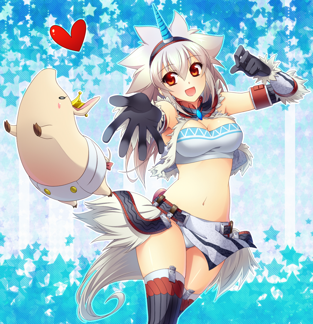 1girl animal artist_request breasts brown_eyes capcom cleavage crown diaper gloves horn kirin_(armor) midriff monster_hunter navel open_mouth pig poogie thighhighs white_hair zettai_ryouiki