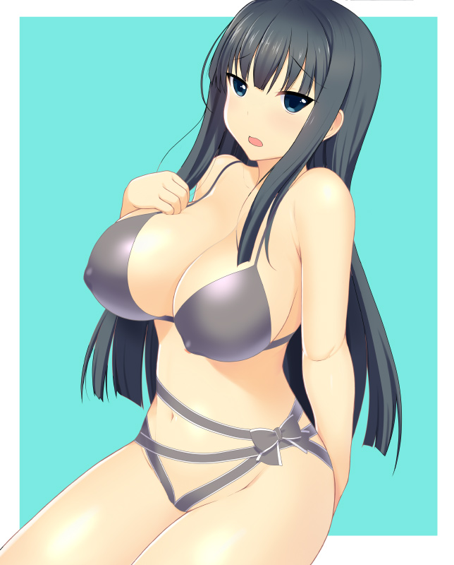 bare_shoulders bikini black_hair blue_background blue_eyes breasts cleavage huge_breasts ikaruga_(senran_kagura) kyoku_tou long_hair senran_kagura senran_kagura_shoujo-tachi_no_shin'ei solo swimsuit