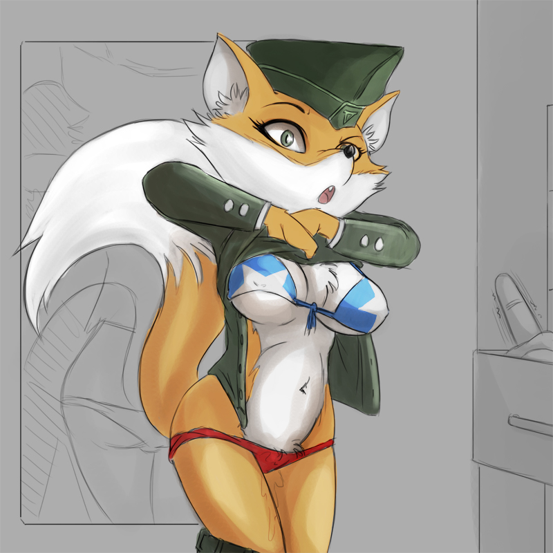 anthro big_breasts bra breasts canine chest_tuft cleavage clothed clothing female fox fur green_eyes hat lt._vixen mammal military_uniform navel oh_shi- panties squirrel_and_hedgehog tuft underwear undressing