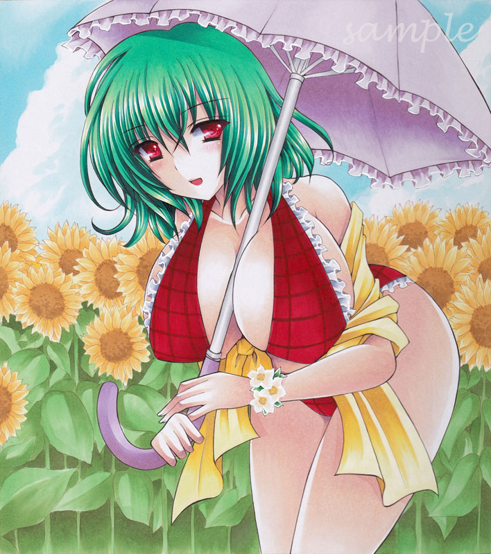 :d adapted_costume bangs bent_over between_breasts bikini blush bracelet breasts cleavage cloud cowboy_shot day fingernails flower frilled_bikini frills green_hair hair_between_eyes happy holding holding_umbrella huge_breasts jewelry kazami_yuuka long_fingernails looking_at_viewer open_mouth outdoors over_shoulder parasol plaid plaid_bikini red_bikini red_eyes ryumaira sample short_hair sideboob sky smile solo sunflower swimsuit touhou traditional_media umbrella