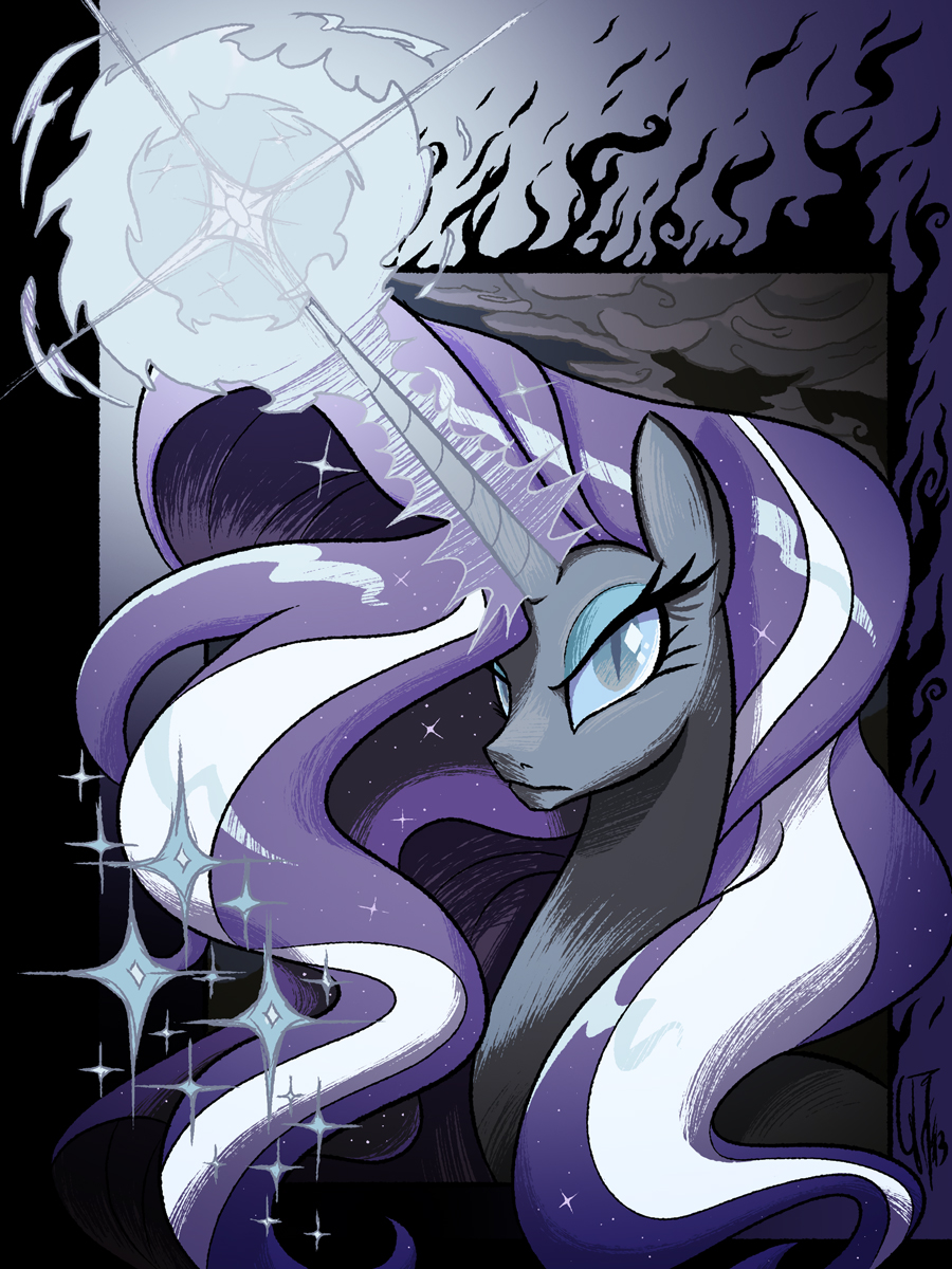 april_fools cat_eyes english_text equine eyeshadow female friendship_is_magic glancojusticar glowing grey_eyes hair horn looking_at_viewer magic makeup mammal my_little_pony nightmare_rarity_(mlp) purple_hair slit_pupils solo sparkles text two_tone_hair unicorn white_hair