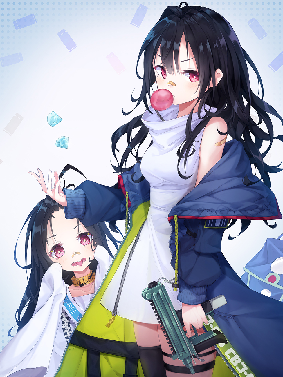 2girls bandaid bandaid_on_arm bandaid_on_nose bangs bare_shoulders black_hair black_legwear blue_jacket blush breasts bubble_blowing c-ms_(girls_frontline) cbj-ms chewing_gum collar collarbone diamond drawstring dress finger_on_trigger girls_frontline gun hand_up highres holding holding_gun holding_weapon jacket long_hair long_jacket long_sleeves looking_at_viewer medium_breasts messy_hair mole mole_under_eye multiple_girls off_shoulder open_clothes open_jacket open_mouth parted_bangs parted_lips pot-palm red_eyes sash sidelocks single_thighhigh sleeveless sleeveless_dress standing thigh_strap thighhighs tongue tongue_out turtleneck upper_teeth v-shaped_eyebrows weapon white_dress zipper zipper_pull_tab