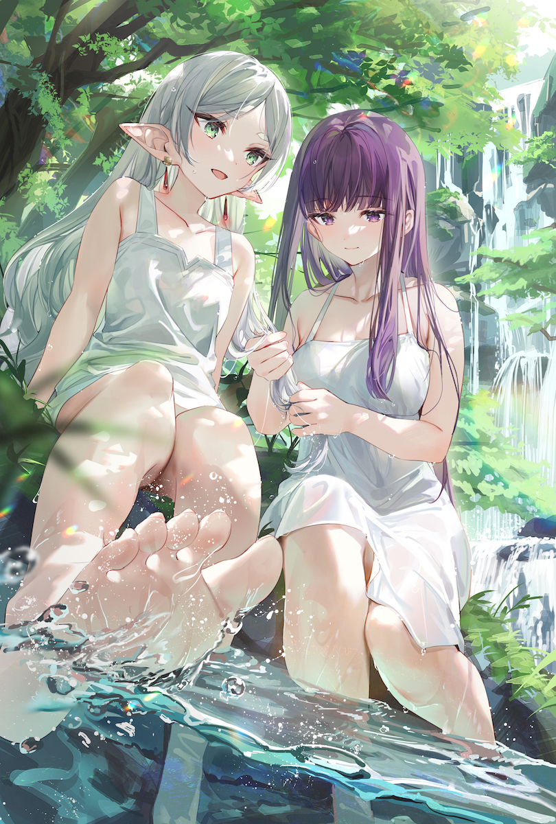 2girls breasts collarbone commentary_request dress drop_earrings earrings elf fern_(sousou_no_frieren) flat_chest forest frieren grey_hair highres holding_another's_hair jewelry large_breasts long_hair looking_at_another multiple_girls nature ouri_(aya_pine) outdoors parted_bangs pointy_ears purple_hair refraction sidelocks sleeveless sleeveless_dress soaking_feet soles sousou_no_frieren straight_hair toes very_long_hair water white_dress