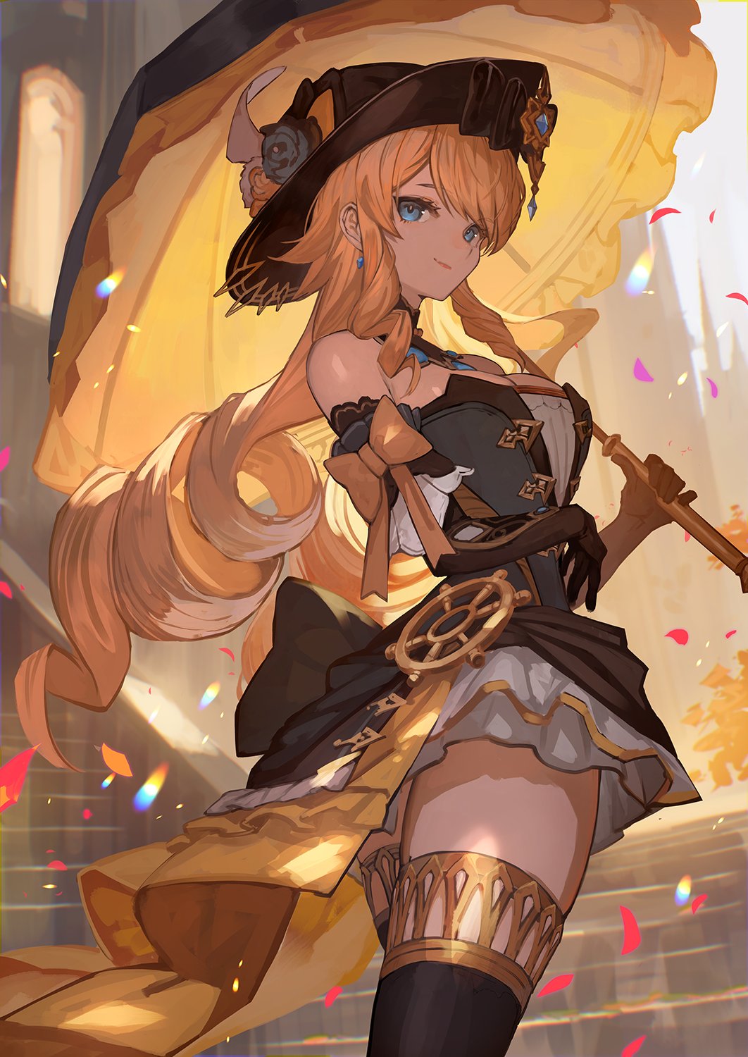 1girl bare_shoulders black_flower black_gloves black_headwear black_rose blonde_hair blue_eyes breasts detached_sleeves dress drill_hair drill_sidelocks flower genshin_impact gloves gold_trim_bow hat hat_feather hat_flower highres holding holding_umbrella jewelry lace-trimmed_collar lace_trim lack long_hair looking_at_viewer navia_(genshin_impact) rose sidelocks smile solo strapless strapless_dress umbrella very_long_hair yellow_flower yellow_rose