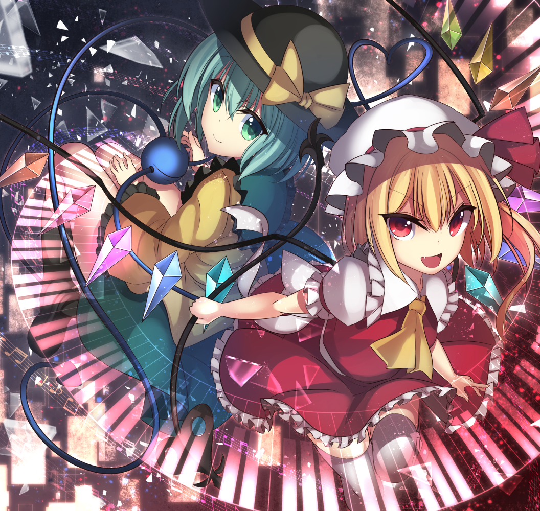2girls ascot beamed_eighth_notes beamed_sixteenth_notes black_headwear black_thighhighs blonde_hair blouse bow closed_mouth collared_shirt crystal dark_background fang flandre_scarlet frilled_shirt_collar frilled_skirt frilled_sleeves frills green_eyes green_hair green_skirt hair_between_eyes hand_on_own_thigh hat hat_bow hat_ribbon heart heart_of_string holding holding_polearm holding_weapon holographic_keyboard janne_cherry komeiji_koishi laevatein_(touhou) light_smile long_sleeves looking_at_viewer multicolored_wings multiple_girls musical_note one_side_up open_mouth polearm puffy_short_sleeves puffy_sleeves quarter_note red_eyes red_ribbon red_skirt red_vest ribbon ribbon-trimmed_headwear ribbon_trim shattered shirt short_sleeves skirt skirt_set sleeve_ribbon staff_(music) thighhighs third_eye touhou v-shaped_eyebrows vest weapon white_headwear white_shirt wings yellow_ascot yellow_bow yellow_ribbon yellow_shirt zettai_ryouiki