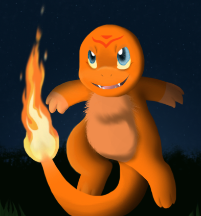 2013 ambiguous_gender blue_eyes bluekyokitty charmander digital_media_(artwork) digital_painting_(artwork) fan_character fangs feral fire flaming_tail fluffy_chest fur generation_1_pokemon glistening glistening_eyes gloves_(marking) low_res markings narrowed_eyes night nintendo open_mouth open_smile orange_body pink_tongue pokemon pokemon_(species) red_markings sebdoggo semi-anthro shaded smile solo tail tan_body tan_fur teeth tongue