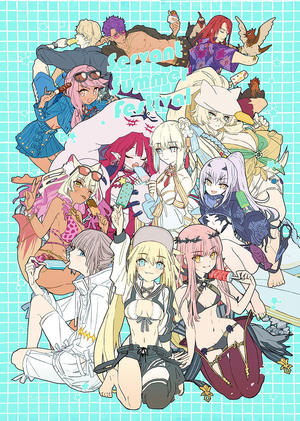 4boys 6+girls animal_ears animal_print antlers artoria_caster_(fate) artoria_caster_(swimsuit)_(fate) artoria_caster_(swimsuit)_(first_ascension)_(fate) artoria_pendragon_(fate) asymmetrical_clothes bandeau baobhan_sith_(fate) baobhan_sith_(swimsuit_pretender)_(fate) baobhan_sith_(swimsuit_pretender)_(first_ascension)_(fate) bare_shoulders barghest_(fate) barghest_(swimsuit_archer)_(fate) barghest_(swimsuit_archer)_(first_ascension)_(fate) baseball_cap belly_chain bikini bird black_bikini black_jacket black_pants black_shorts blonde_hair blue_eyes blue_hair blue_jacket blue_shorts blue_skirt blush bracelet braid breasts camisole cernunnos_(fate) character_hood chicken chloe_von_einzbern chloe_von_einzbern_(swimsuit_avenger) chloe_von_einzbern_(swimsuit_avenger)_(first_ascension) circlet cleavage closed_eyes cnoc_na_riabh_(fate) cnoc_na_riabh_(swimsuit_foreigner)_(fate) collarbone criss-cross_halter cropped_jacket dark-skinned_female dark_skin detached_collar detached_sleeves eyewear_on_head fate/grand_order fate_(series) fingerless_gloves flower food forked_eyebrows fox_ears fox_girl fox_tail french_braid gawain_(fate) gloves gradient_hair green_eyes grey_hair grey_headwear grey_jacket grey_skirt grin hair_flower hair_ornament hair_ribbon halterneck hat hawaiian_shirt high_ponytail highres jacket jewelry lancelot_(fate/grand_order) large_breasts leggings leopard_print long_hair long_sleeves looking_at_viewer mask medb_(fate) medium_breasts melusine_(fate) melusine_(swimsuit_ruler)_(fate) melusine_(swimsuit_ruler)_(first_ascension)_(fate) miniskirt morgan_le_fay_(fate) morgan_le_fay_(water_princess)_(fate) mouth_mask multicolored_hair multiple_boys multiple_girls navel neckerchief necklace oberon_(fate) one_eye_closed open_clothes open_jacket open_mouth orange_eyes pants pencil_skirt pink_bikini pink_hair pointy_ears ponytail popsicle puffy_long_sleeves puffy_sleeves purple_eyes purple_hair purple_shirt red_hair ribbon shirt short_sleeves shorts shrug_(clothing) sidelocks single_pantsleg skirt small_breasts smile stomach_tattoo sunglasses suzuka_gozen_(fate) suzuka_gozen_(swimsuit_rider)_(fate) suzuka_gozen_(swimsuit_rider)_(second_ascension)_(fate) swimsuit tail tan tattoo tied_shirt tongue tongue_out tristan_(fate) twin_braids twintails very_long_hair wada_arco white_bikini white_camisole white_hair white_headwear white_jacket white_shorts yellow_eyes yellow_gloves yellow_shirt