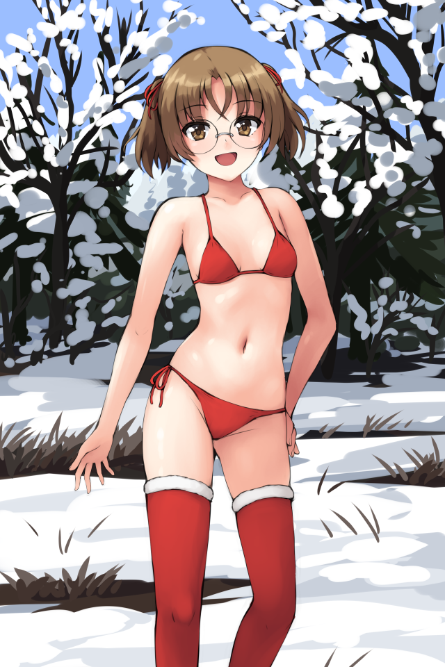 1girl :d alternate_hair_length alternate_hairstyle aposine bare_tree bikini blue_sky breasts brown_eyes brown_hair christmas commentary cowboy_shot day english_commentary girls_und_panzer glasses navel oono_aya open_mouth outdoors red_bikini red_thighhighs rimless_eyewear round_eyewear short_hair sky small_breasts smile snow solo standing swimsuit thighhighs tree twintails winter