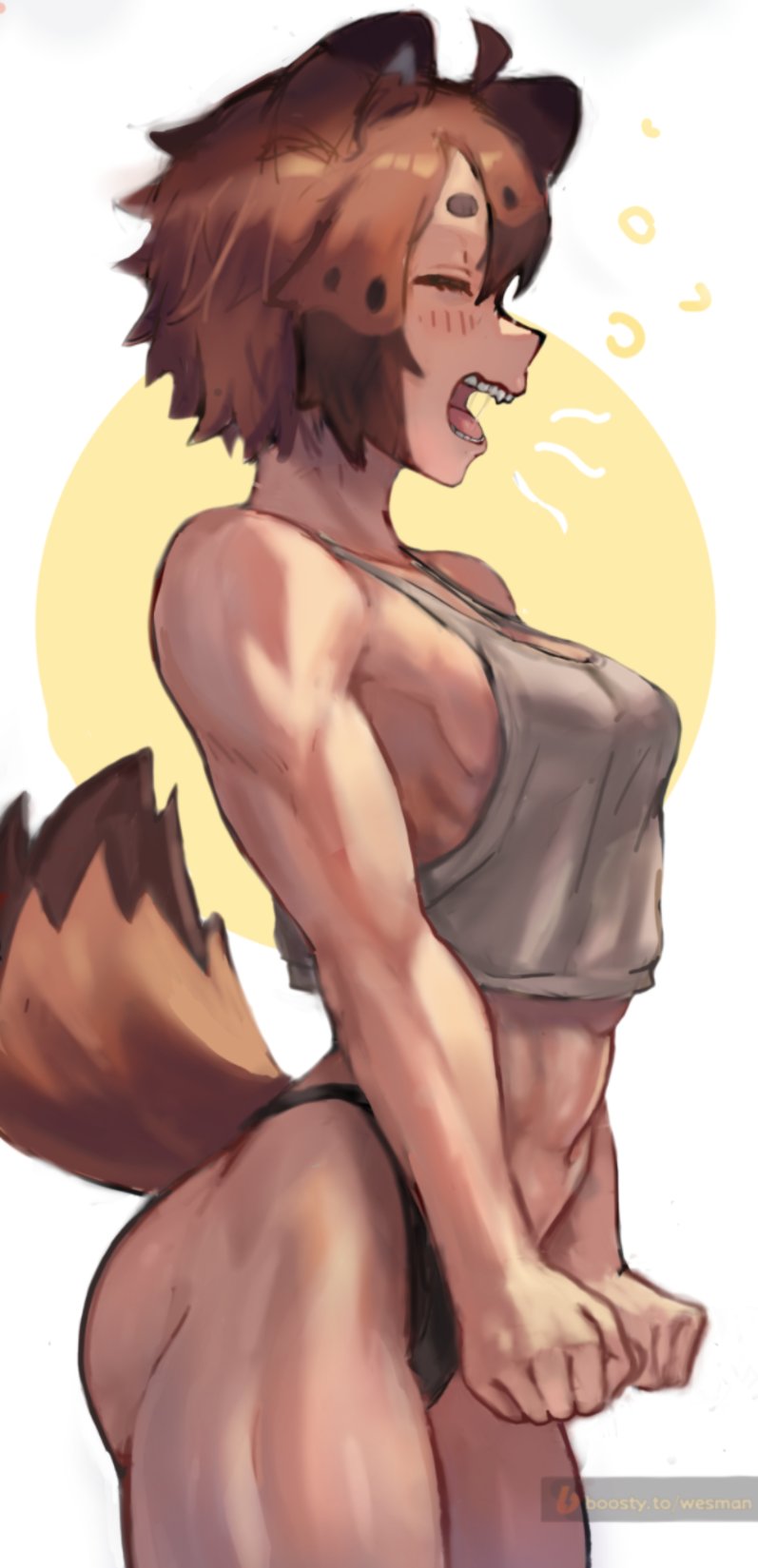 1girl abs ahoge animal_ears breasts brown_hair closed_eyes cowboy_shot highres muscular muscular_female navel open_mouth original panties raccoon_ears raccoon_girl raccoon_tail short_hair sideboob small_breasts solo stretching tail teeth tongue underwear waking_up wersman yawning