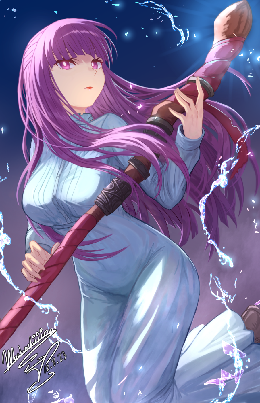 1girl blunt_bangs breasts dress fern_(sousou_no_frieren) floating highres holding holding_staff large_breasts long_hair long_sleeves looking_at_viewer mage_staff magic mochachiiino open_mouth purple_eyes purple_hair sidelocks solo sousou_no_frieren staff straight_hair tight_clothes tight_dress white_dress