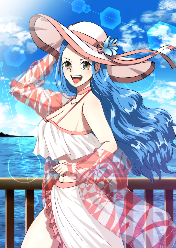 1girl alternate_costume bare_shoulders blue_hair blush cloud cloudy_sky commentary_request hand_on_headwear hat long_hair looking_at_viewer musasabiop nefertari_vivi ocean one_piece open_mouth outdoors sky smile solo teeth water