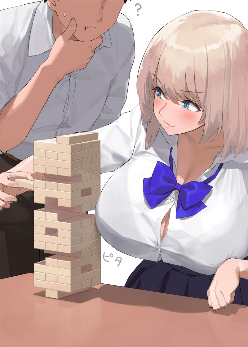 1boy 1girl ? black_skirt blonde_hair blue_bow blue_bowtie blue_eyes blush bow bowtie breasts button_gap cheating_(competitive) cleavage closed_mouth collarbone collared_shirt faceless faceless_male kaisen_chuui large_breasts looking_at_another original pleated_skirt shirt short_hair simple_background skirt white_background white_shirt