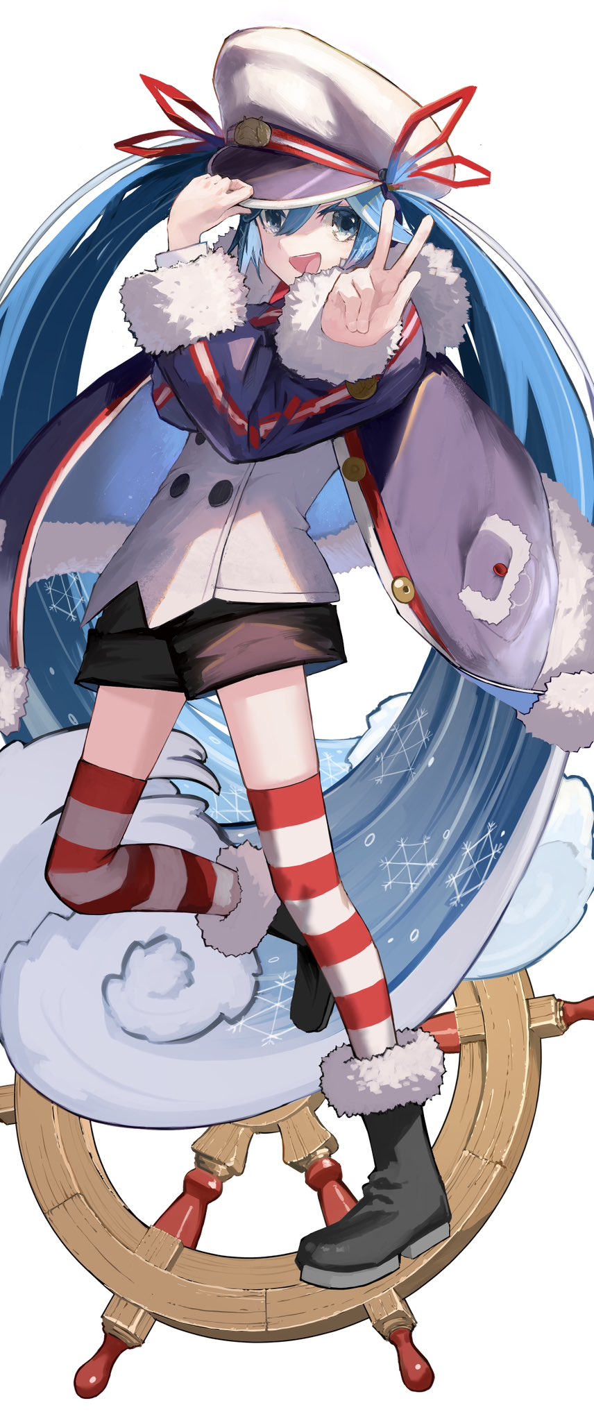 1girl black_coat black_footwear black_shorts blue_eyes blue_hair boots buttons coat crossed_arms double-breasted full_body fur-trimmed_boots fur-trimmed_coat fur-trimmed_sleeves fur_trim hair_ribbon hand_on_headwear hat hatsune_miku highres jacket long_hair looking_to_the_side midair military_uniform naval_uniform open_mouth peaked_cap pocket red_ribbon red_thighhighs ribbon ship's_wheel shorts smile snowflake_print solo striped striped_sleeves striped_thighhighs teeth thighhighs toriatamastudio twintails uniform upper_teeth_only v vertical-striped_sleeves very_long_hair vocaloid wavy_hair white_background white_headwear white_jacket white_thighhighs yuki_miku yuki_miku_(2022)