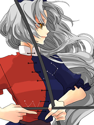 arrow bow_(weapon) from_side holding holding_weapon long_hair lowres popoin puffy_short_sleeves puffy_sleeves short_sleeves simple_background solo touhou upper_body weapon white_background yagokoro_eirin