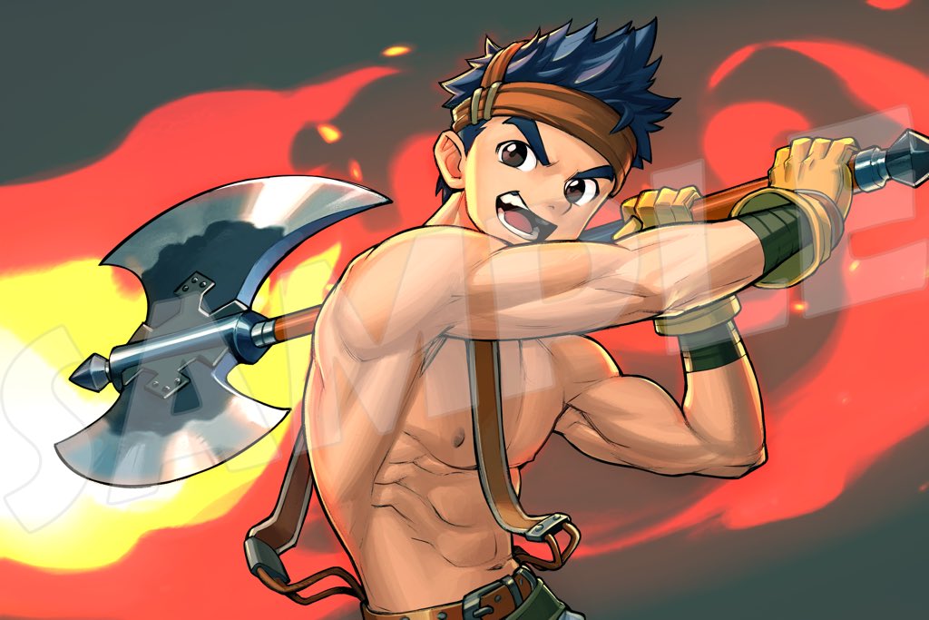 1boy abs axe belt biceps blue_hair brown_belt brown_eyes commentary fire fire_emblem fire_emblem:_the_sacred_stones gloves headband holding holding_axe holding_weapon incoming_attack looking_to_the_side male_focus muscular muscular_male open_mouth pectorals ross_(fire_emblem) sample_watermark topless_male watermark weapon xireeeeee yellow_gloves