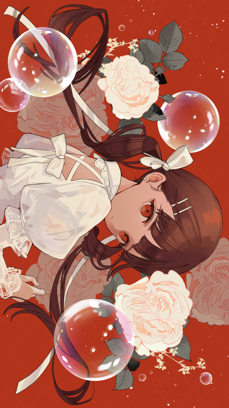 1girl back bow brown_hair bubble dress_bow ear_piercing flower frills from_behind hair_ornament hair_ribbon hairpin highres kashiwagi_chisame long_hair long_sleeves looking_at_viewer looking_back low_twintails original piercing puffy_sleeves red_background red_eyes ribbon rose shirt simple_background solo straight_hair tareme twintails upper_body white_bow white_flower white_ribbon white_rose white_shirt