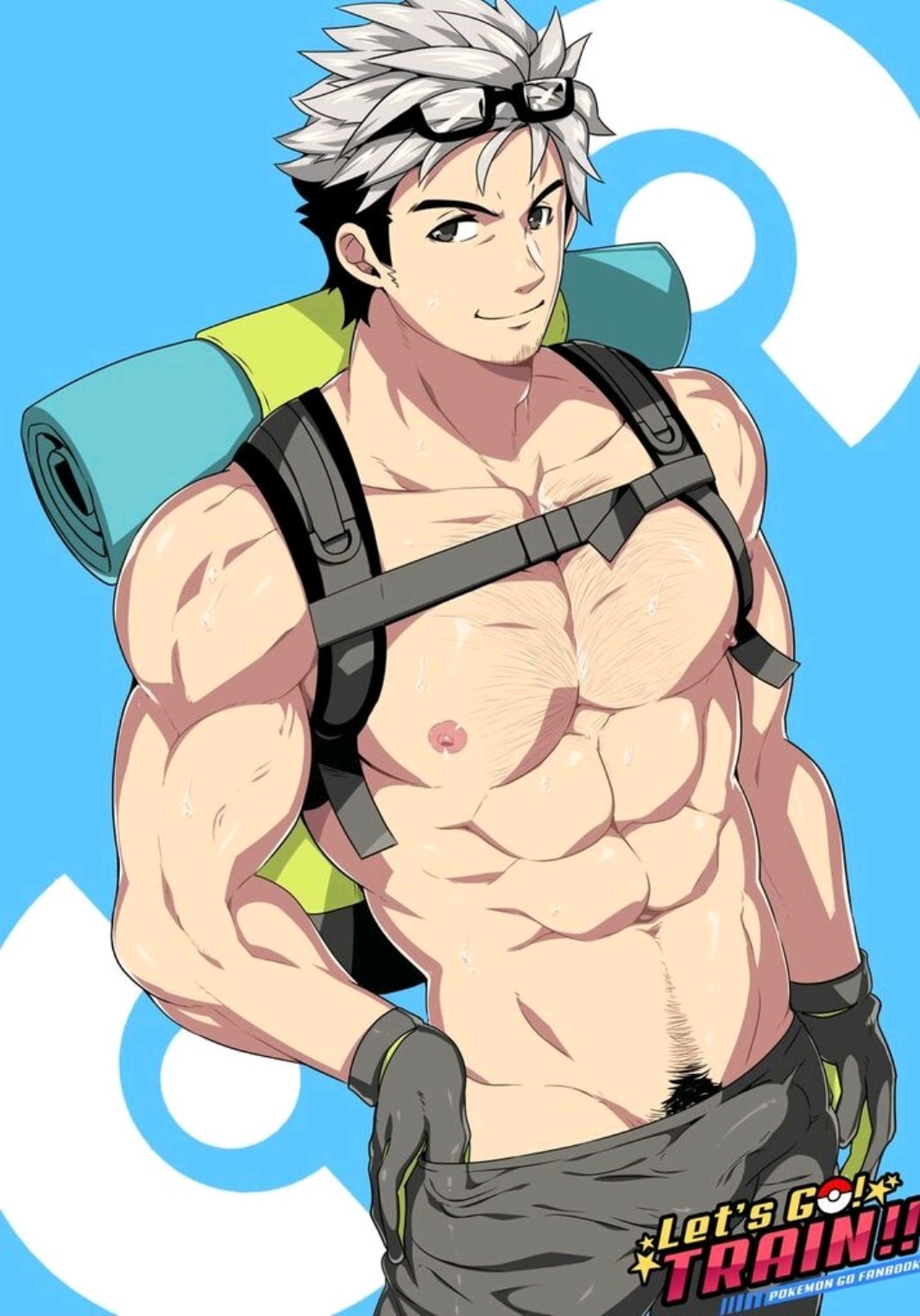 1boy abs bara black_hair bulge closed_mouth english_text erection erection_under_clothes eyewear_on_head facial_hair glasses gloves grey_gloves grey_hair grey_pants highres large_pectorals male_focus mazjojo multicolored_hair muscular muscular_male navel nipples pants pectorals pokemon pokemon_go short_hair smile solo two-tone_hair willow_(pokemon)