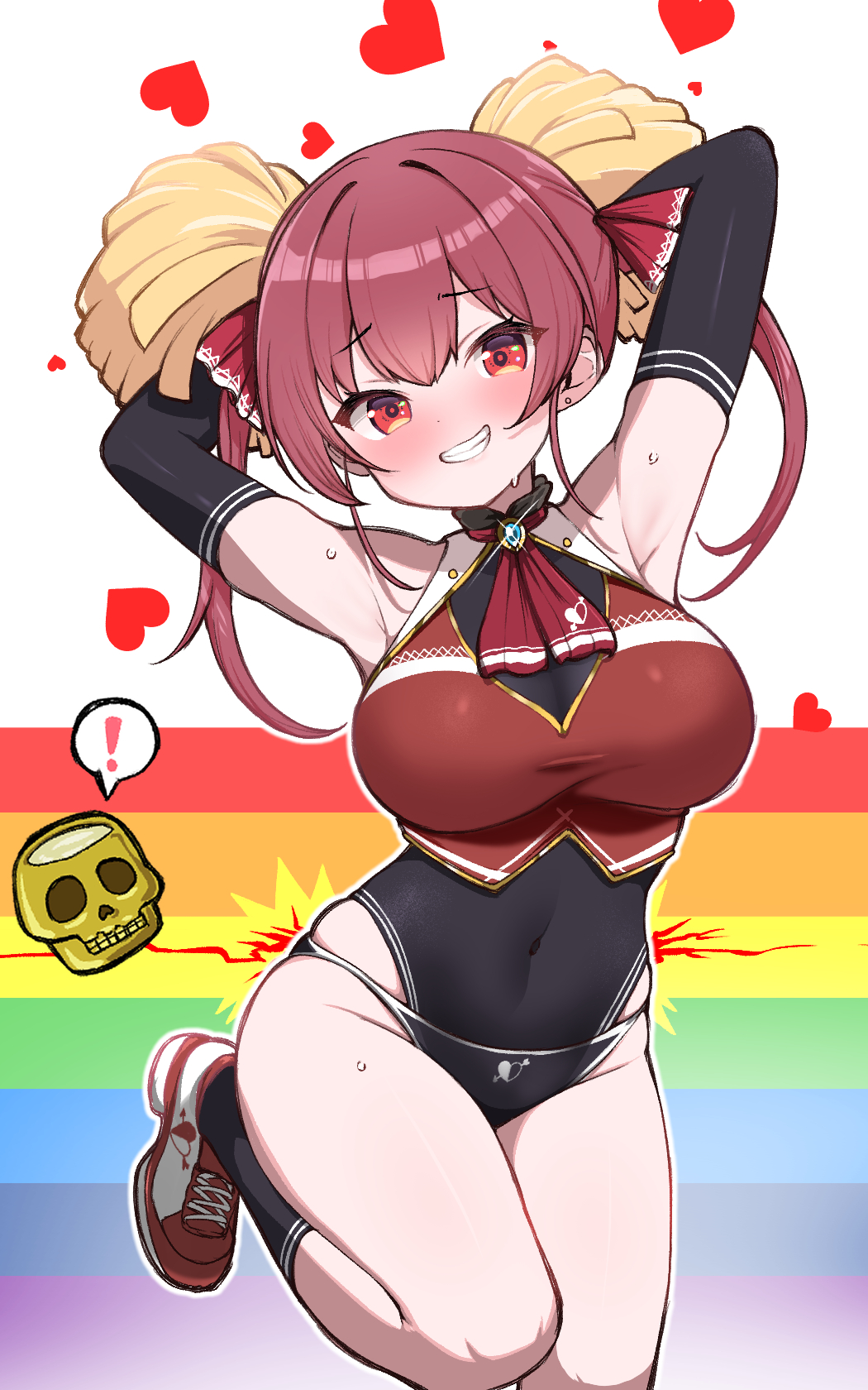 ! 1girl armpits arms_up artistic_error ascot black_gloves blush breasts cheerleader commentary_request covered_navel dokuro-kun_(houshou_marine) elbow_gloves gloves grin heart highres hololive houshou_marine kani_bonara large_breasts long_hair looking_at_viewer pom_pom_(cheerleading) rainbow_background red_eyes red_hair skindentation smile solo spoken_exclamation_mark standing standing_on_one_leg twintails very_long_hair