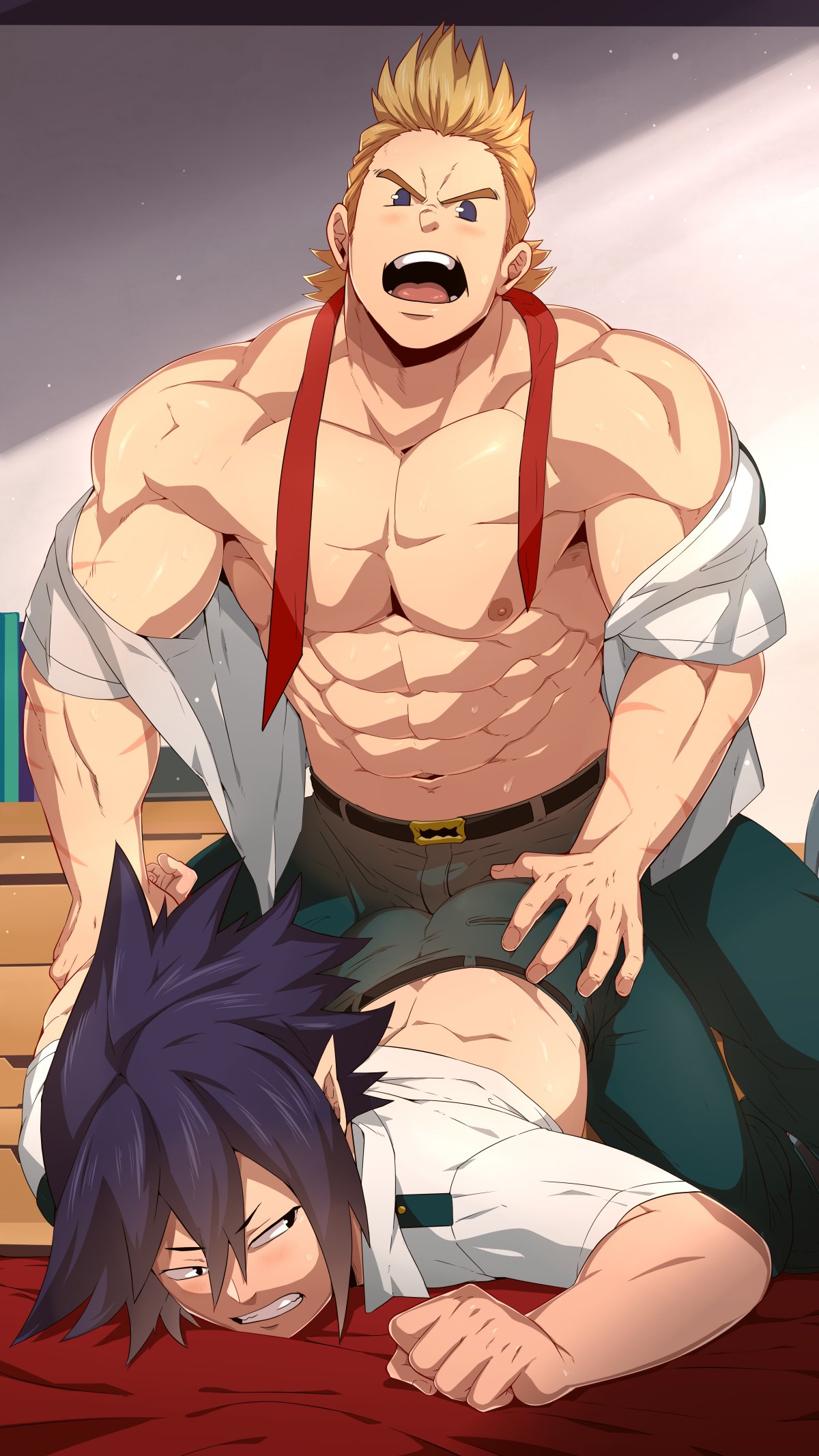 2boys abs amajiki_tamaki arm_held_back ass bara bare_pectorals belt black_belt black_hair black_pants blonde_hair boku_no_hero_academia clenched_teeth highres large_pectorals looking_at_another male_focus mazjojo multiple_boys muscular muscular_male navel necktie nipples open_mouth paid_reward_available pants pectorals shirt short_hair teeth togata_mirio undone_necktie white_shirt yaoi