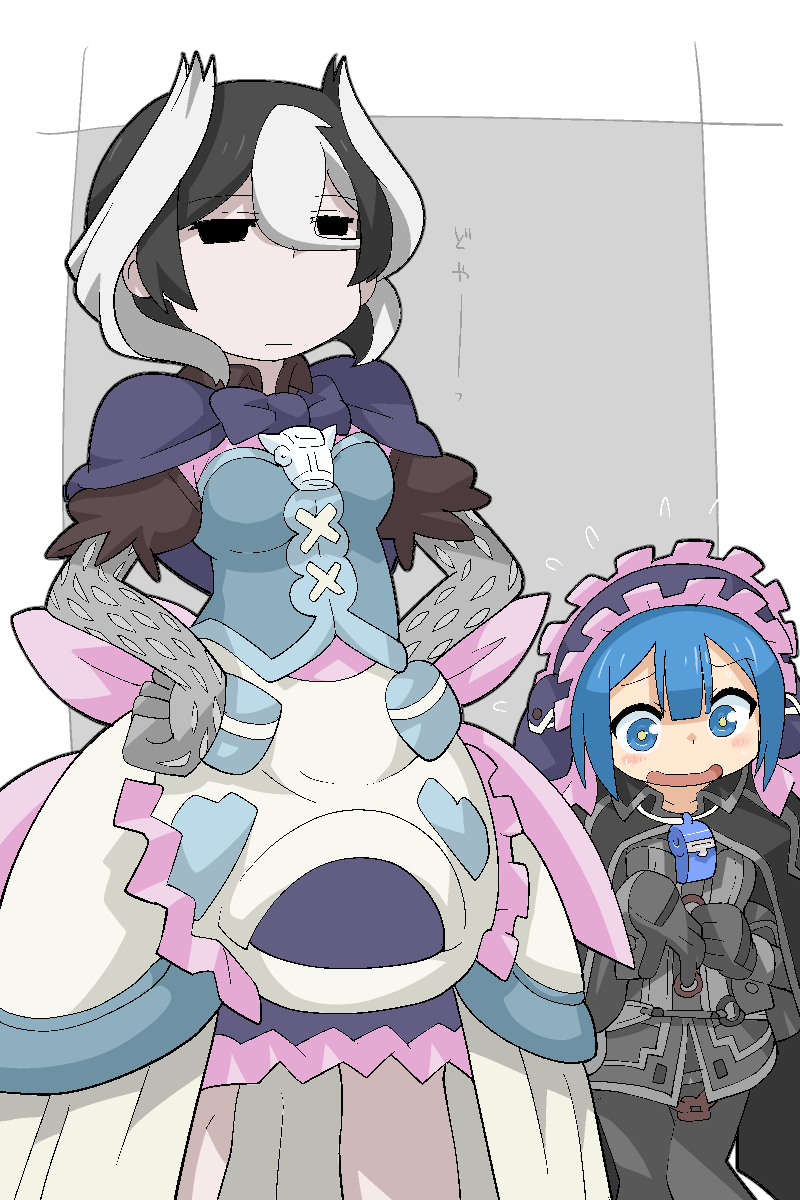 1boy 1girl armor black_armor black_cape black_coat black_gloves blue_eyes blue_hair blue_shirt blush border cape coat cosplay dress gloves grey_background grey_pants grey_shirt hair_between_eyes hands_on_own_hips hands_up highres long_sleeves made_in_abyss maid maid_headdress maruruk maruruk_(cosplay) open_mouth ozen ozen_(cosplay) pants pocket shirt short_hair smile whistle whistle_around_neck white_background white_border white_dress ximu_shilang