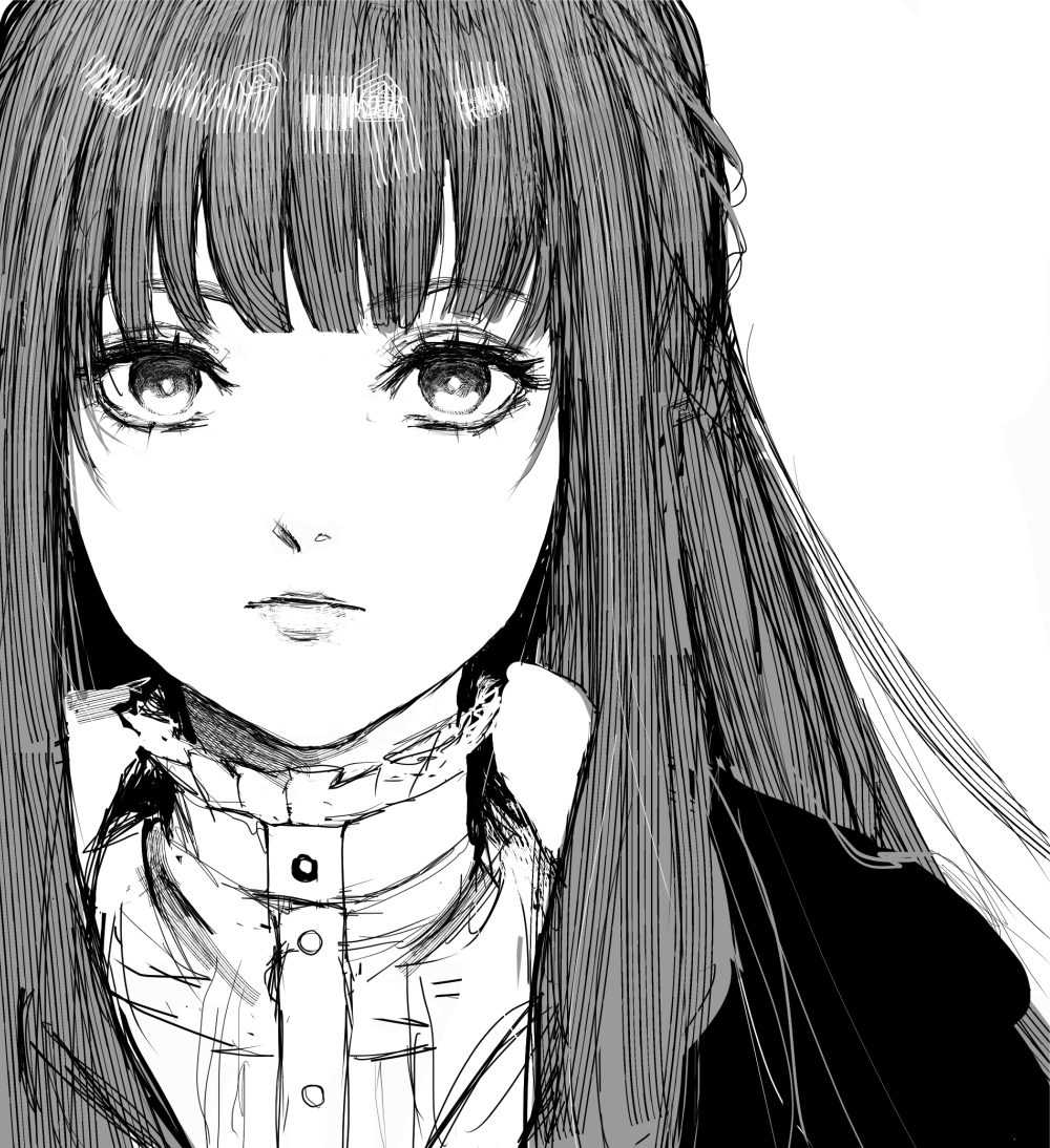 1girl black_coat black_robe blunt_bangs coat cut_bangs dress fern_(sousou_no_frieren) inoitoh long_hair looking_at_viewer monochrome robe simple_background sketch solo sousou_no_frieren straight_hair upper_body white_background white_dress