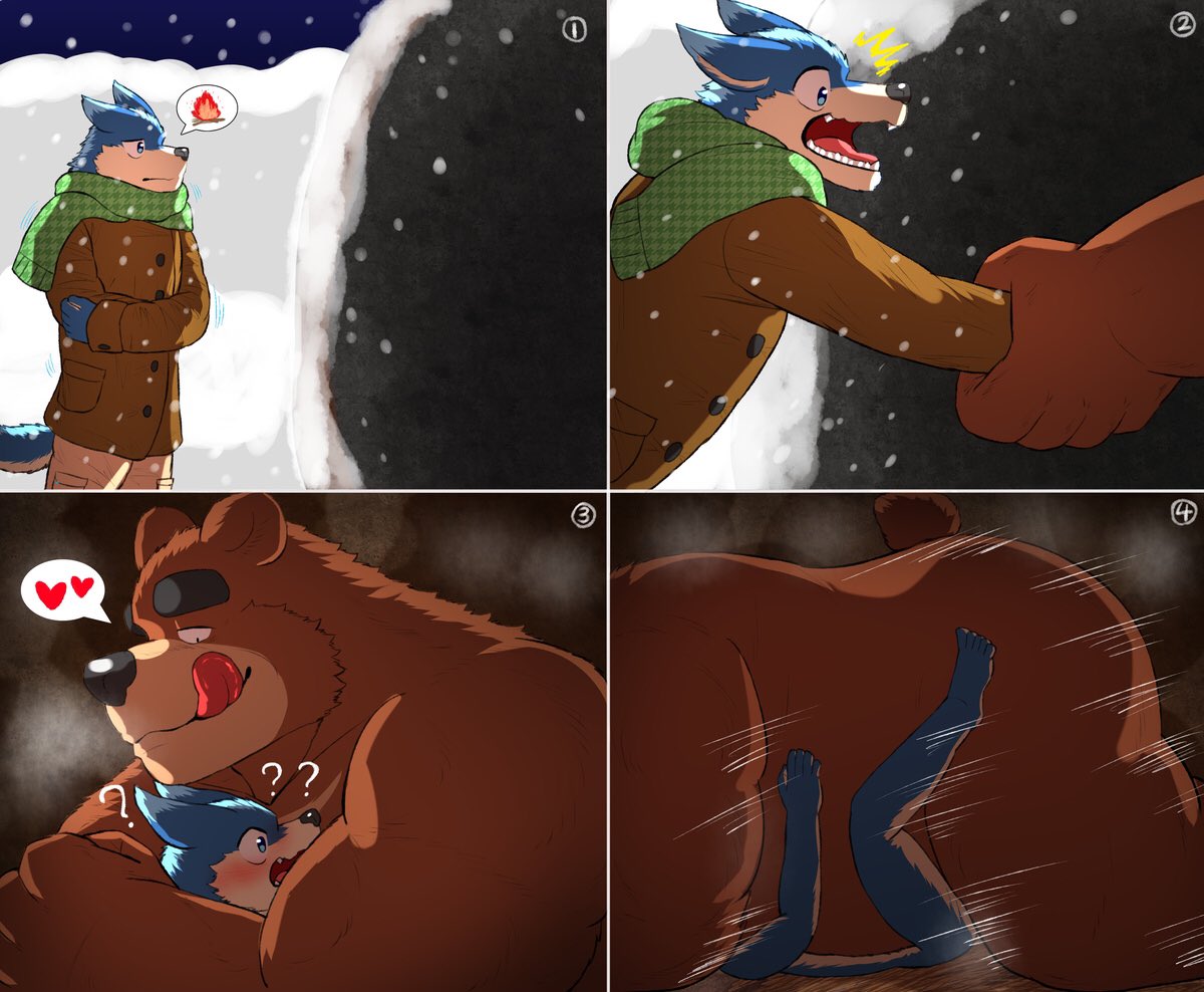 5_fingers anthro arm_grab bear black_eyebrows blue_body blue_ears blue_fur blue_tail blush brown_body brown_ears brown_fur brown_tail canid canine clothed clothing comic duo embrace eyebrows fingers fully_clothed fur green_scarf hug male mammal nude nullraihigi overweight overweight_anthro overweight_male pictographics scarf side_view snow snowing tail thick_eyebrows thrusting tongue tongue_out